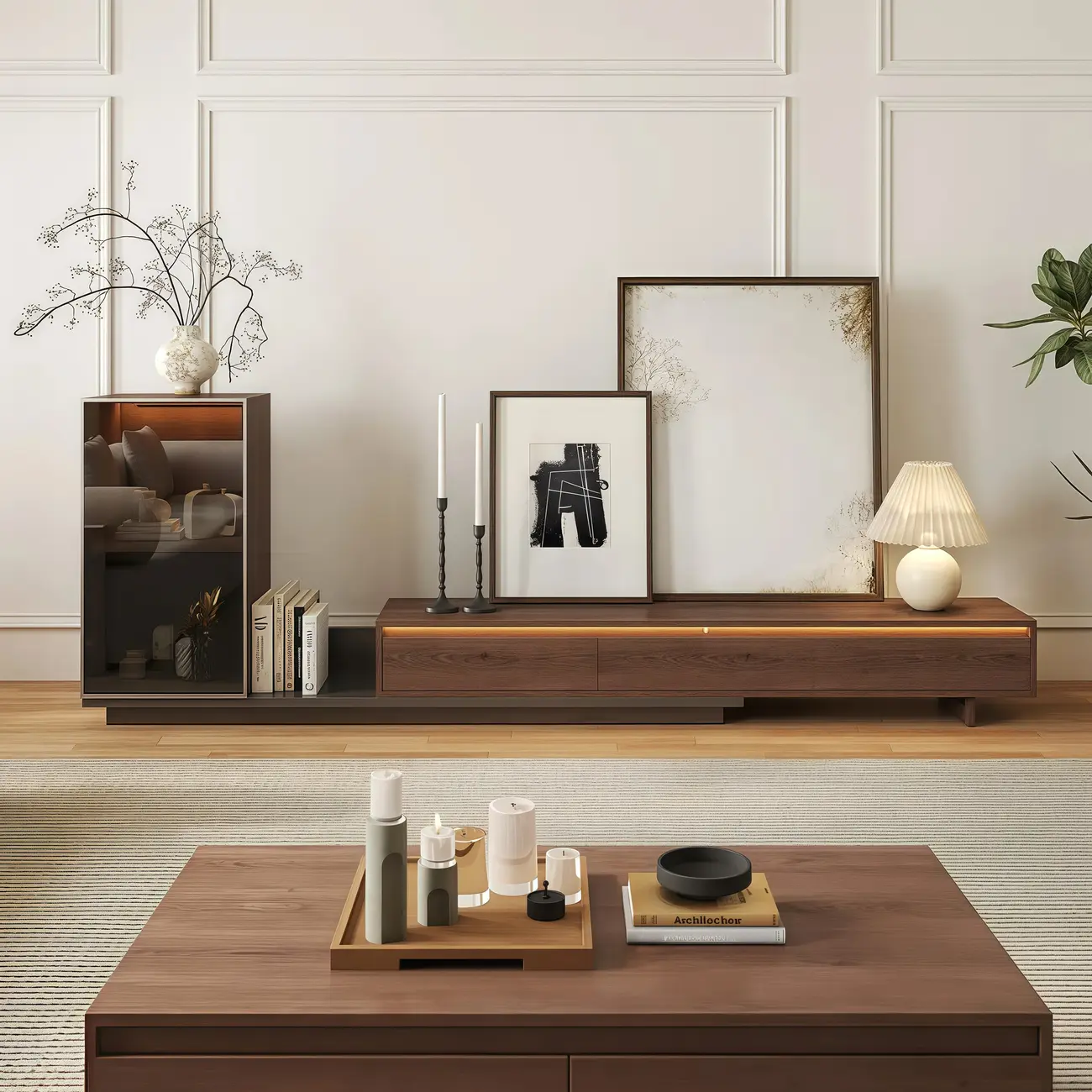 Mid-Century Walnut Extendable Wooden TV Stand with Drawers