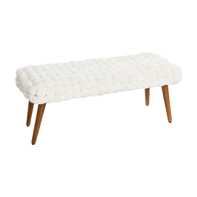 Chunky Woven Velvet Entryway Bench with Wood Legs