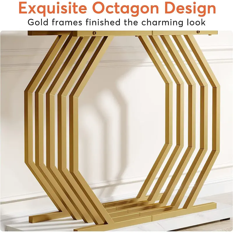 Gold Console Table, Faux Marble Entryway Table Narrow Sofa Table with Geometric Metal Base, 40 Inch Modern Accent Table