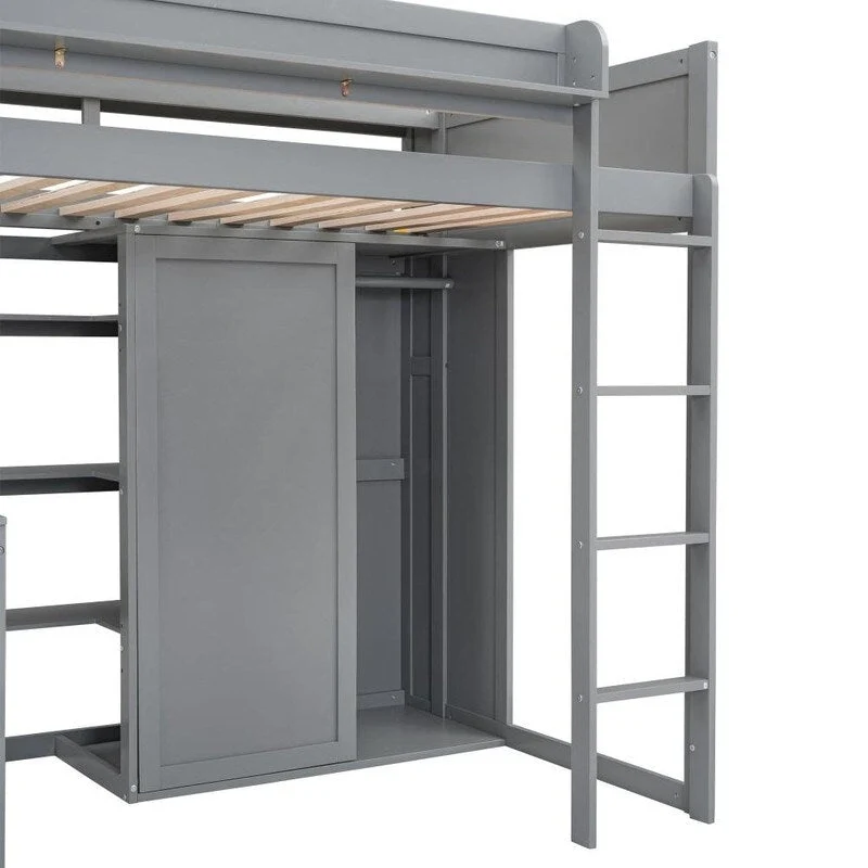 Wood Loft Bed with Multiple Storage Shelves,Desk,Wardrobe and Safety Guaranteed,Twin Size