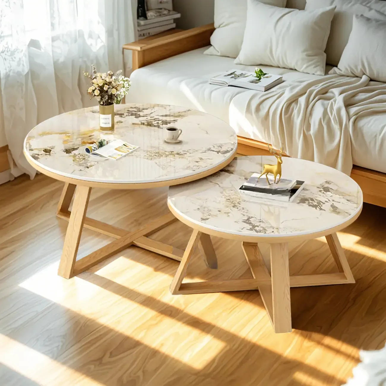 Modern Marble Round 2 Nesting Coffee Table Set with Wood Base