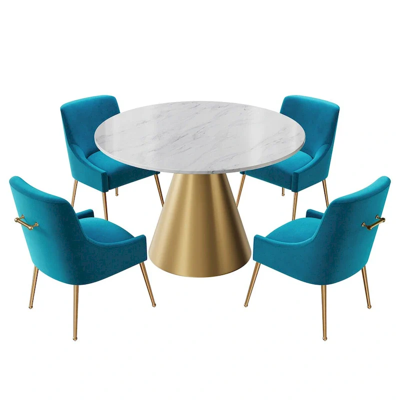 48 Marble Top Metal Dining Table with Velvet Dining Chair Set