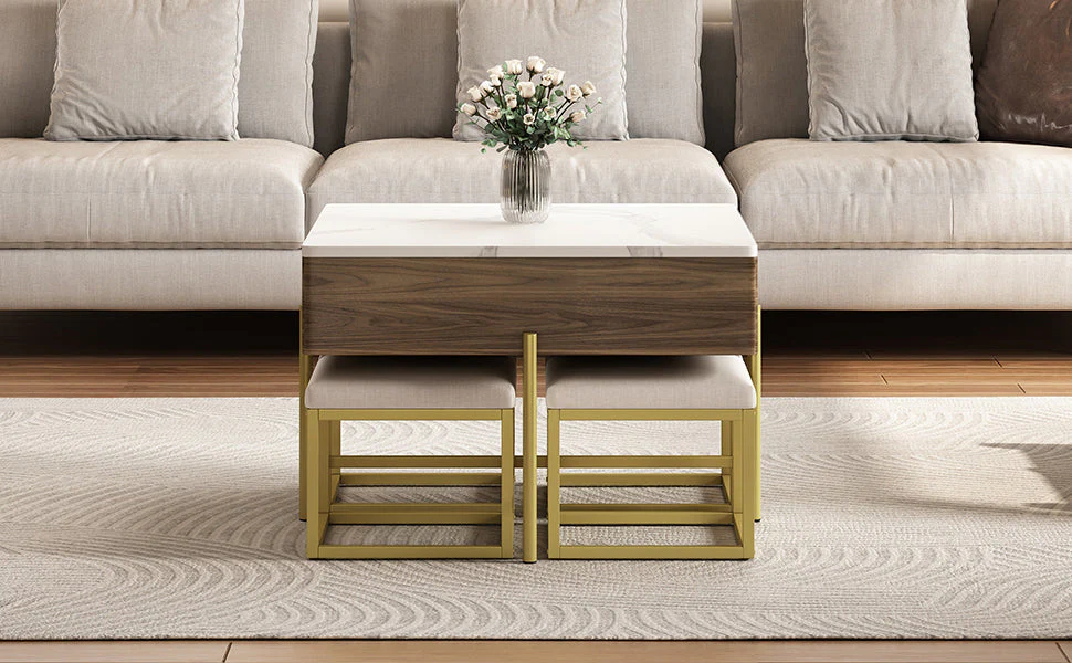 Walker Edison | Modern Square Lift-Top Coffee Table Set with 4 Ottomans