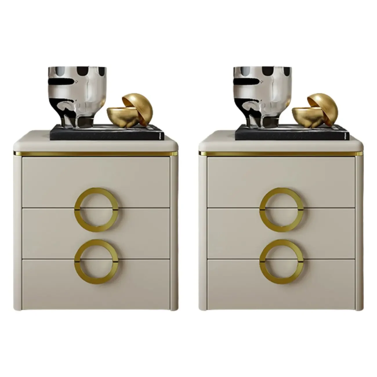 Elegant Faux Leather Metal Accent 3 Drawers Nightstand