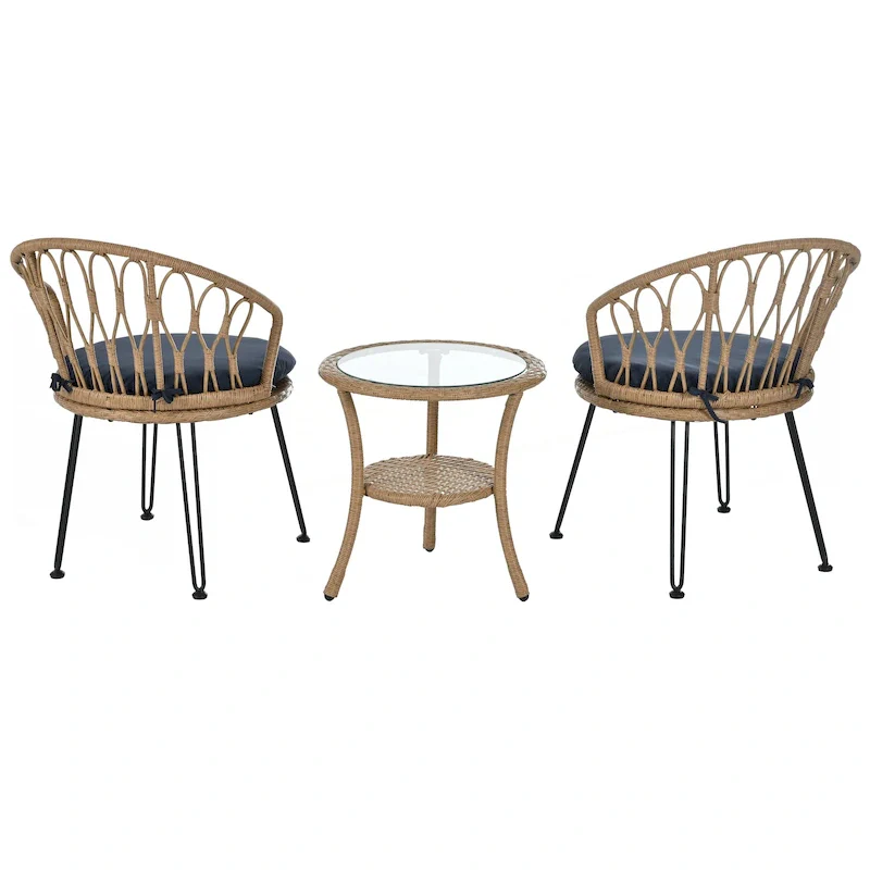 2 Rattan Single Chairs with A Glass Round Table