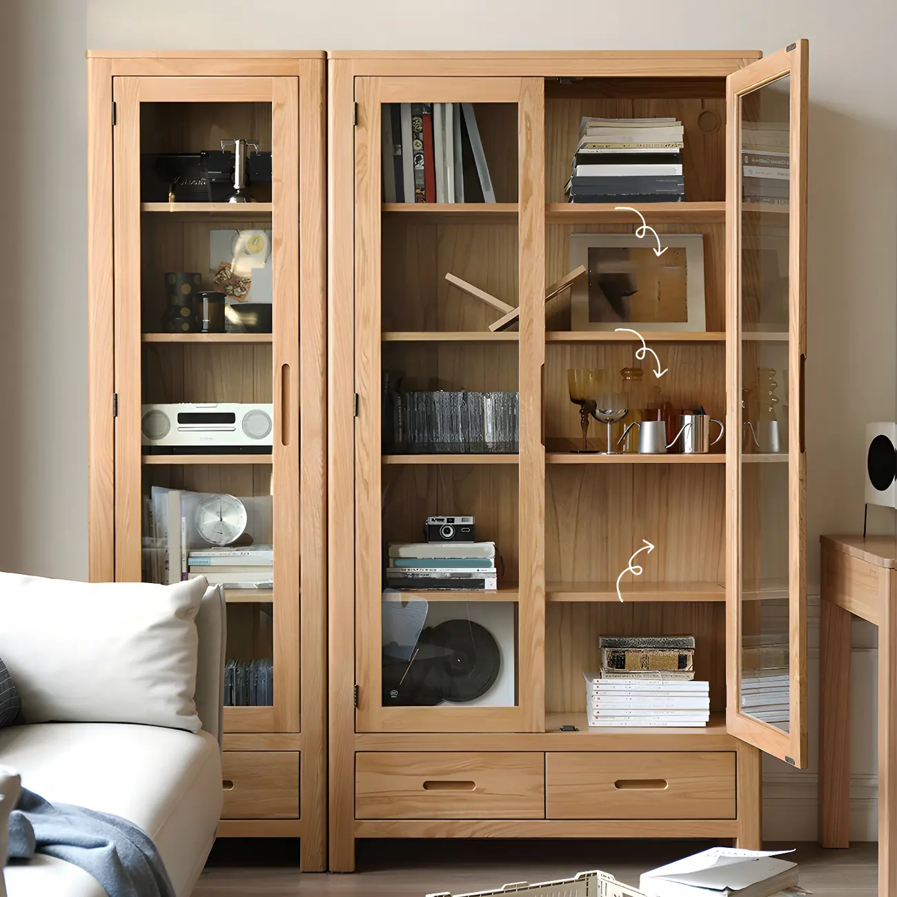 2-Drawer Natural Wood Display Cabinet Adjustable Shelves