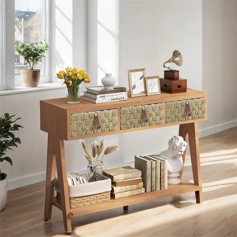 Modern Wood Console Table with Storage and Open Storage Shelf