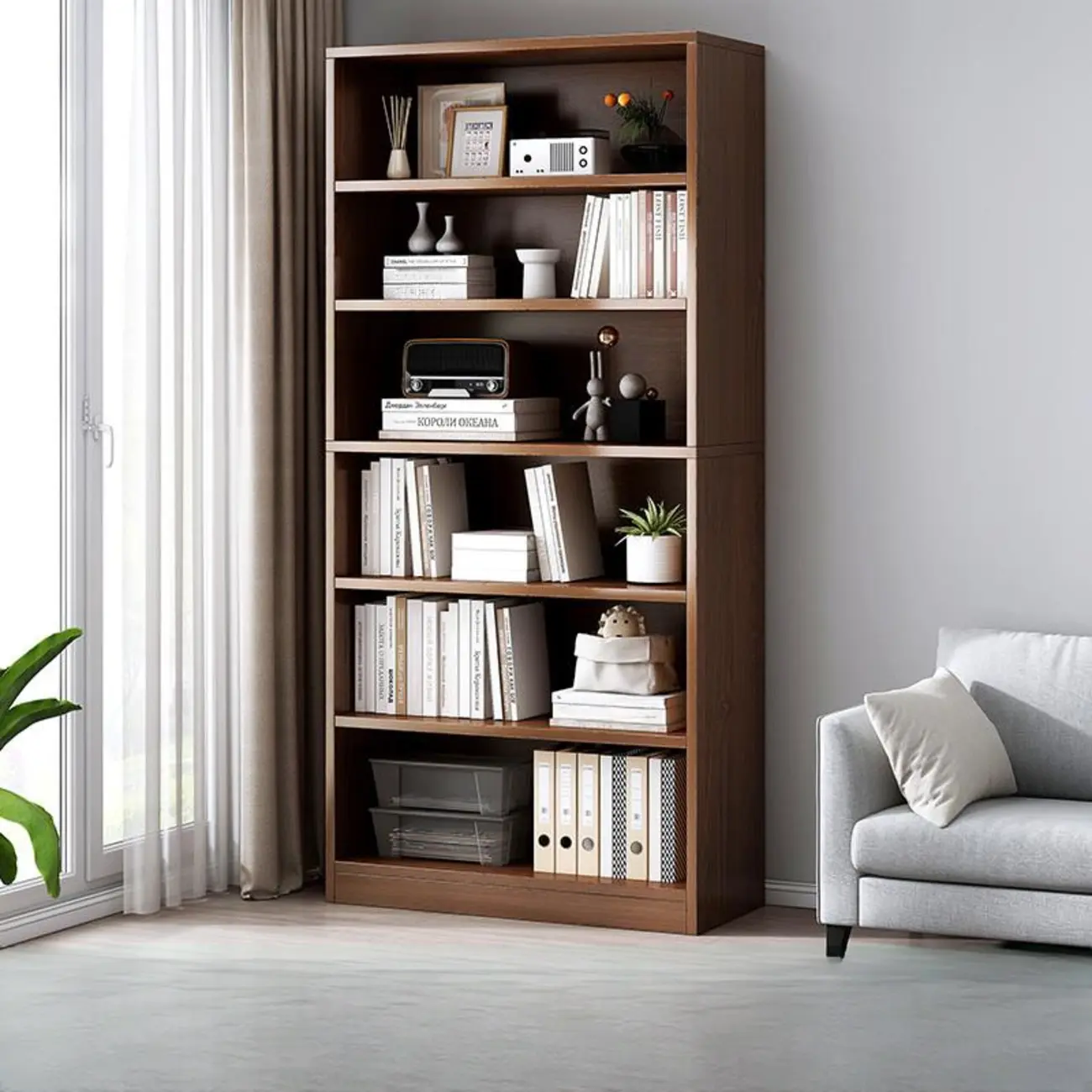 Modern Multi-Layer Brown Lumber Closed Back Bookcase