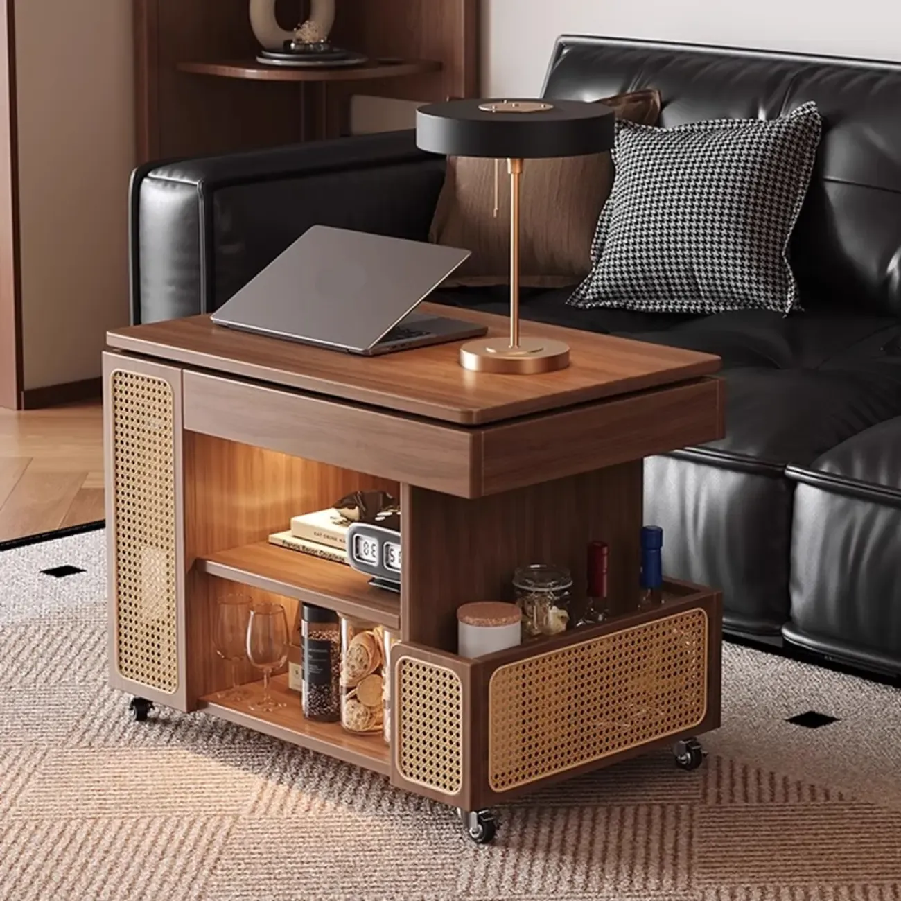 Nut-brown Adjustable Lift Top Wood Trolly Side Table