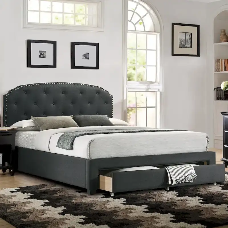Burlap Upholstered Eastern King Bed with 1 Underbed Drawer in Charcoal