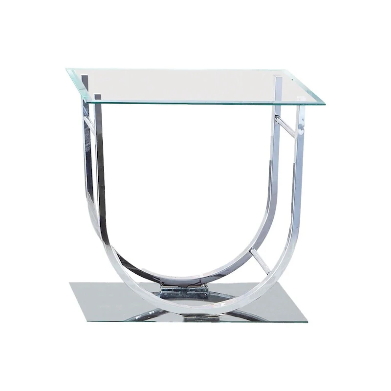 Tempered Glass Top End Table with U Shape Metal Frame, Chrome and Clear