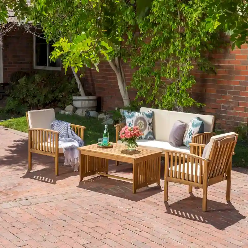 4-Piece Wood Patio Conversation Set with Acacia Wood Table and Cushions