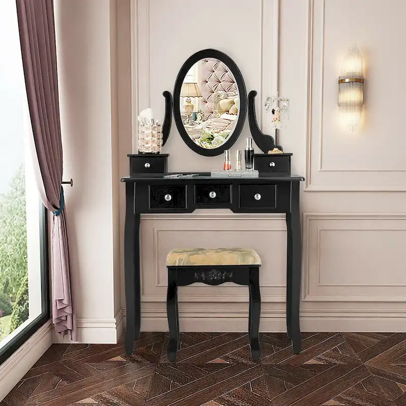 Costway Vanity Table Dressing Table 5 Make Up Table Stool