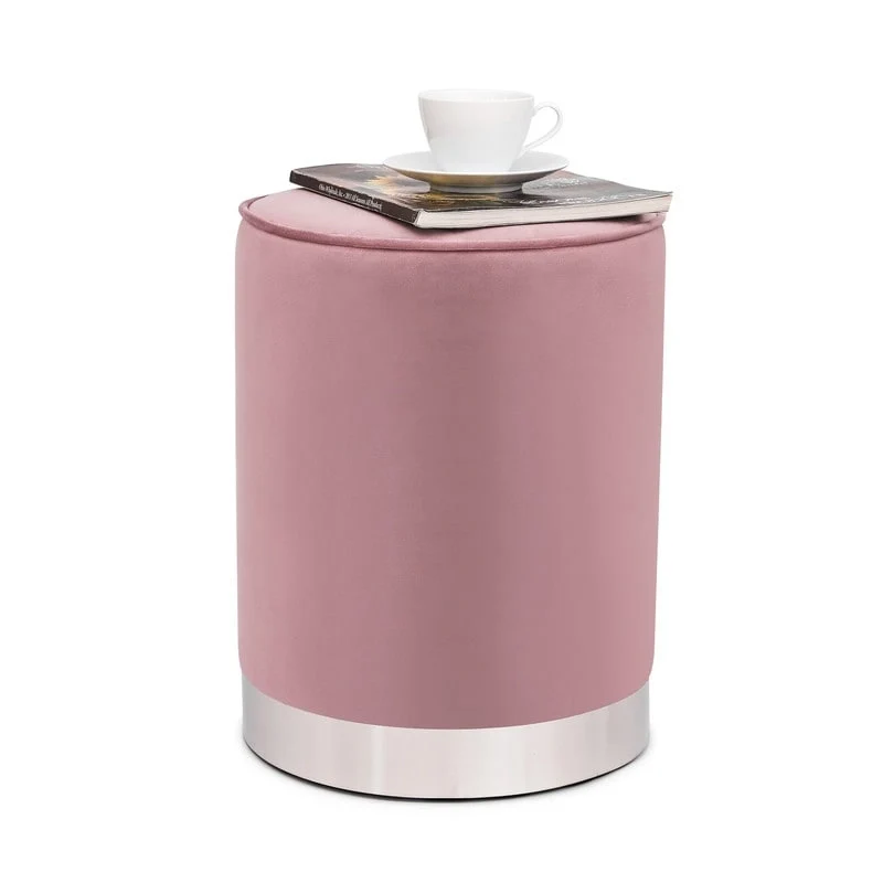 Adeco Vanity Upholstered Round Velvet Ottoman Footstool Silver Trim