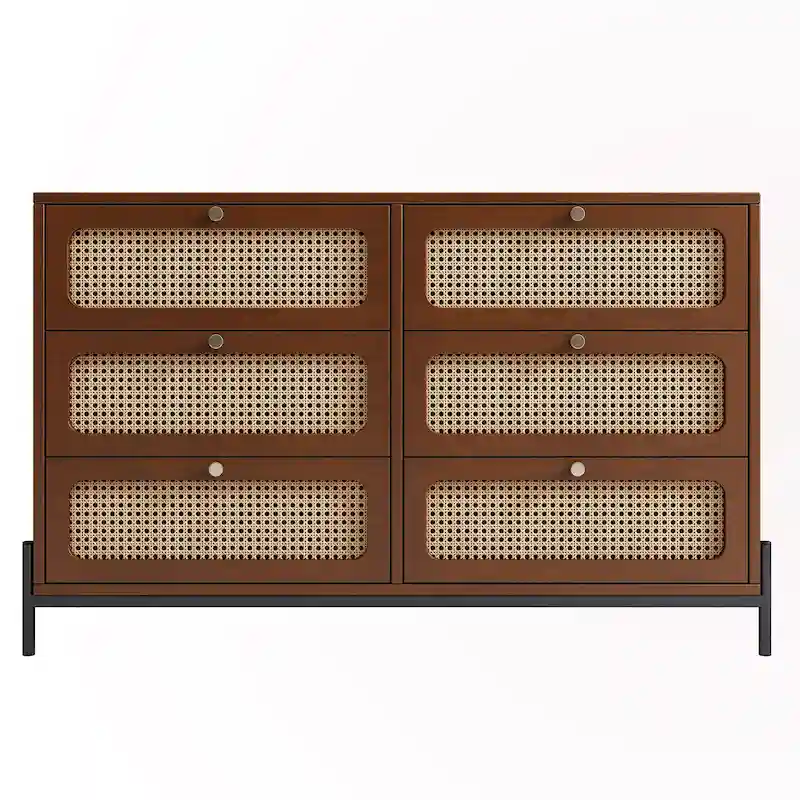6-Drawer Rattan Wood Nightstand