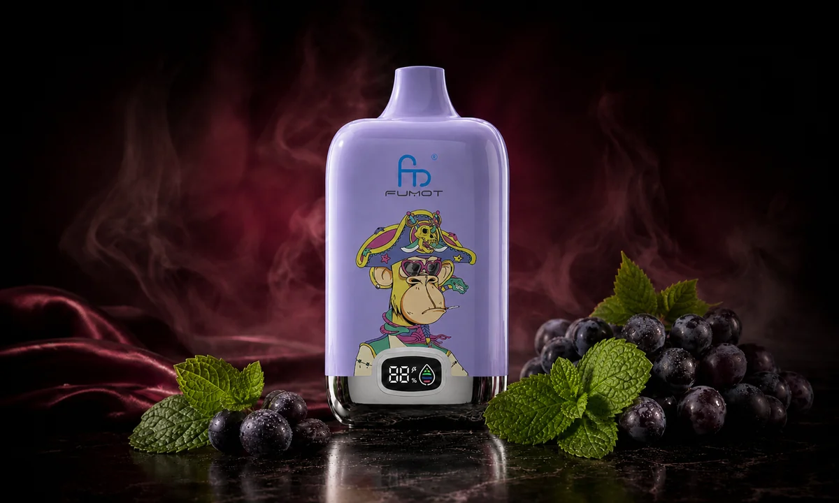 Fumot Digital Box 12000 Grape Mint Vape in einer dunklen Rauchszene