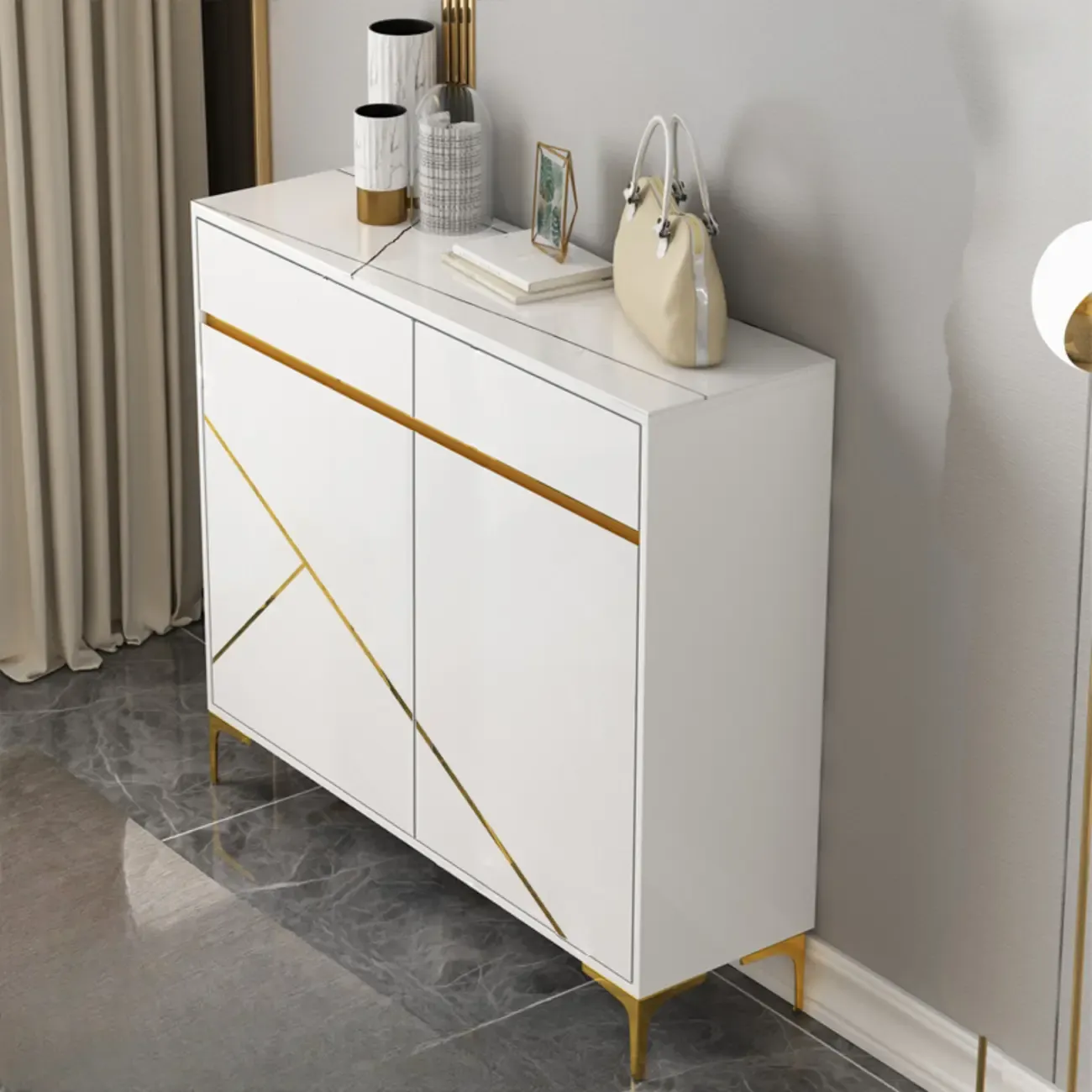 Trendy Gray Wood Shoe Cabinet with Drawers & Display Top