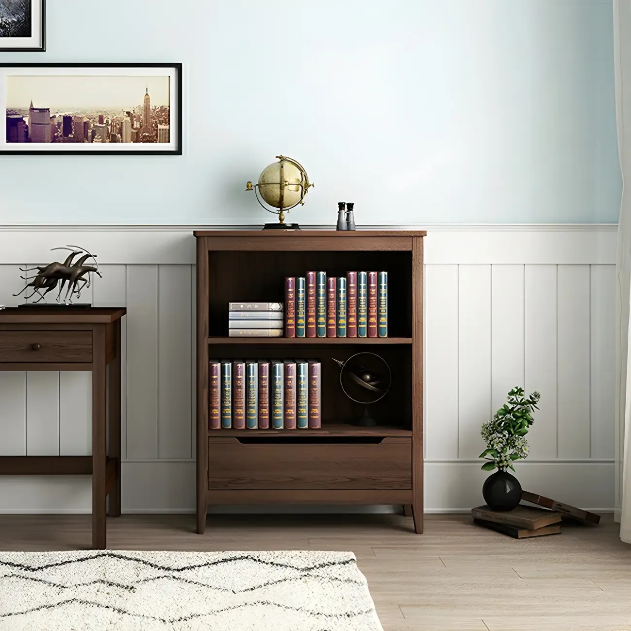 Modern Wooden Bookcase with Adjustable Shelves and Drawers