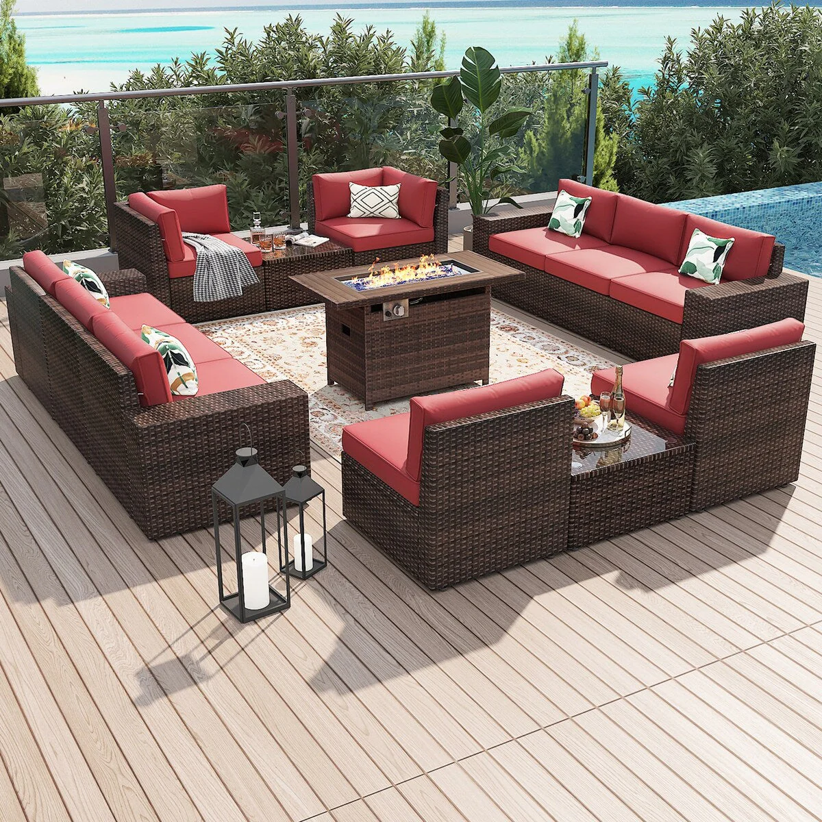 13 Pieces Patio Furniture Set with 44Fire Pit Table