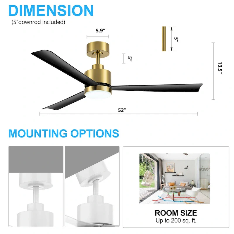52 Inch Gold/Black/White 3-Blade LED Ceiling Fan with Light and Remote