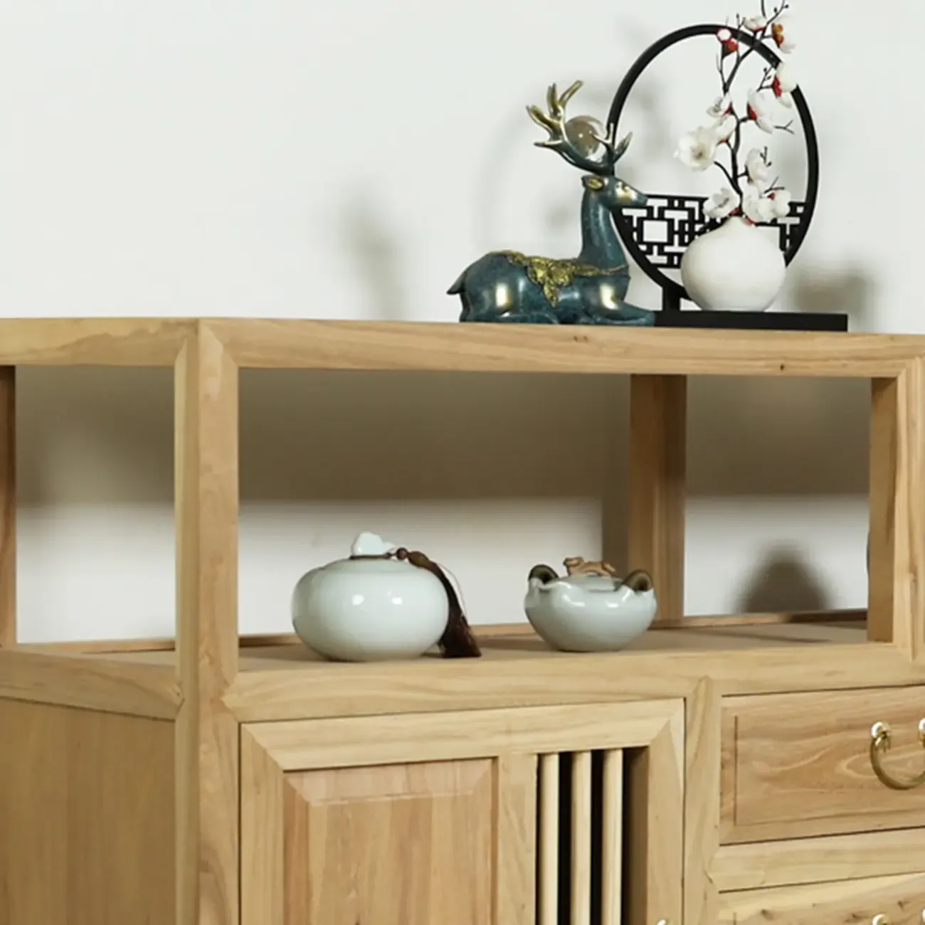 Natural Finish Wood 2-Shelf Sideboard with Drawers