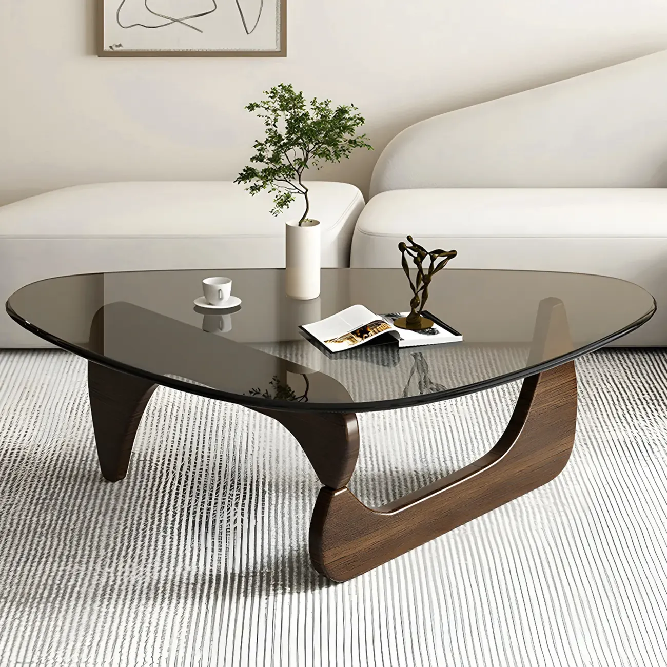 Modern Triangle Glass Coffee Table Wooden Base