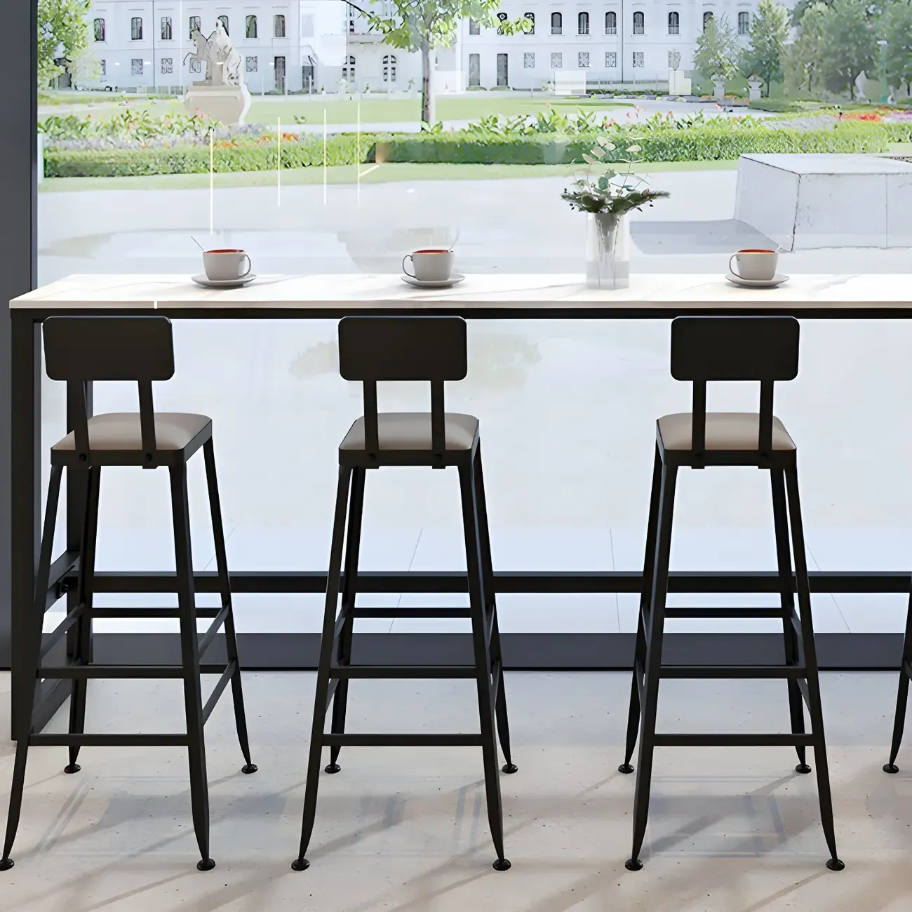 Rectangular White Marble Top Bar Tables with Iron Base