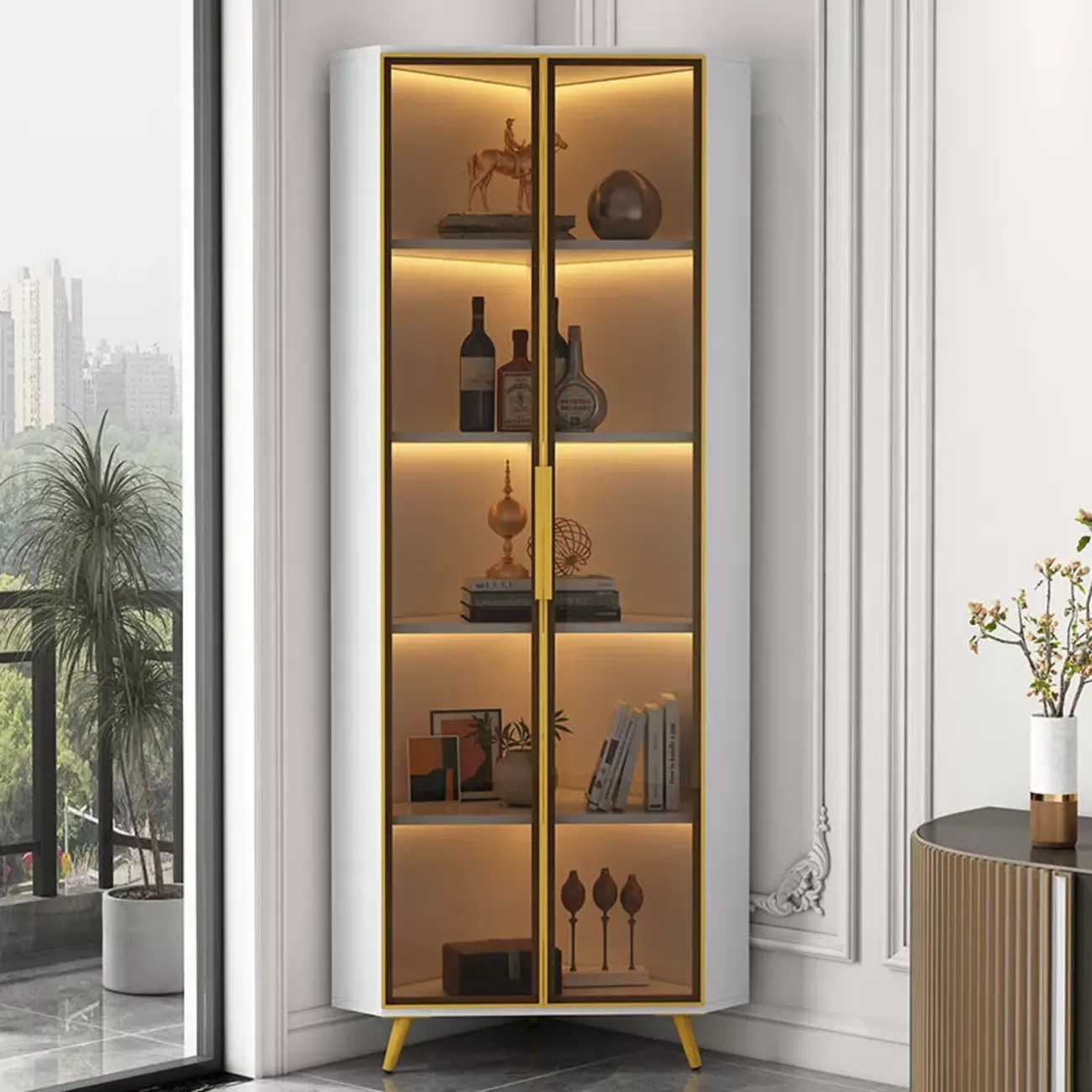 Modern Glam White-Gold Wood Glass Display Cabinet