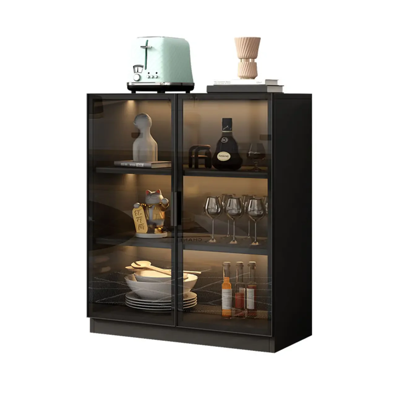 Modern Black Wooden Sideboard with Glass Doors