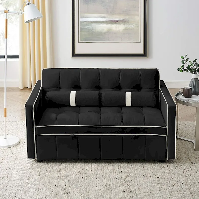 Velvet Multi-Functional Pull-Out Sofa Bed Adjustable Reclining Backrest With Pillows - N/A