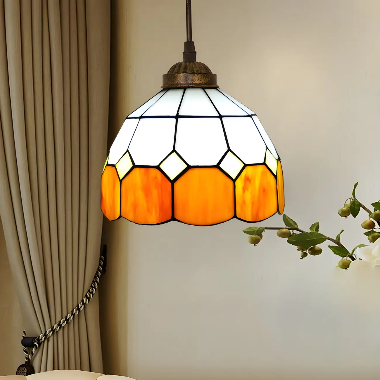 Tiffany Stained Glass Rattan Pendant Light Fixture