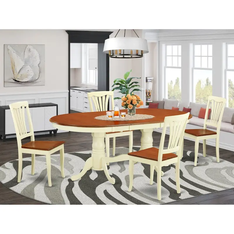 East West Furniture Dining Room Table Set Includes an Oval Table with Butterfly Leaf and 4 Dining Chairs, Buttermilk & Cherry