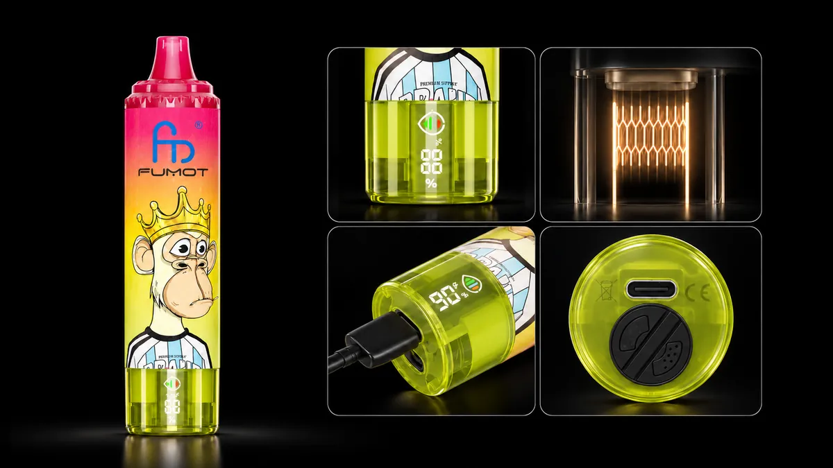 FUMOT Tornado 15000 Ice Tea Peach Ice – Detailansichten von Display, Heizsystem, USB-C-Anschluss und Luftregulierung