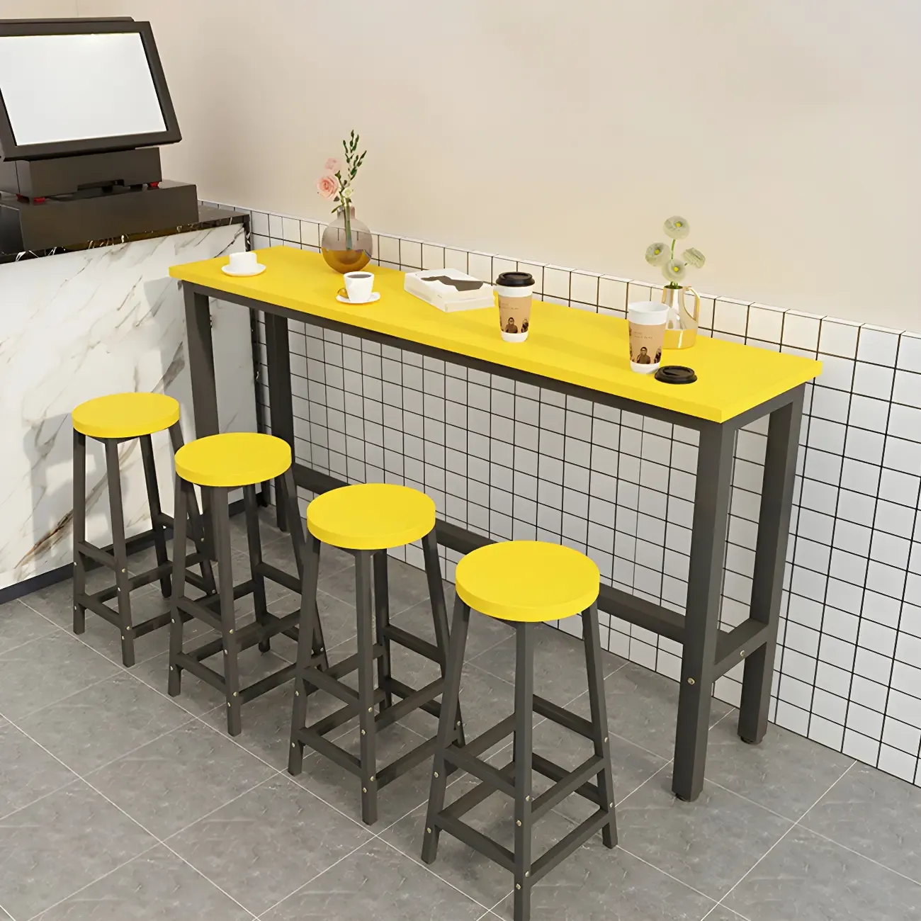 Rectangular Natural Wood Metal Trestle Bar Tables