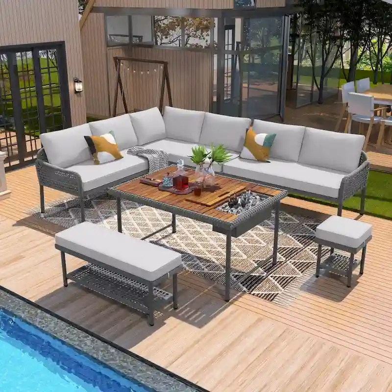 6-Pieces Wicker Outdoor Sectional Set with Wood Table Ice Box and Cushions