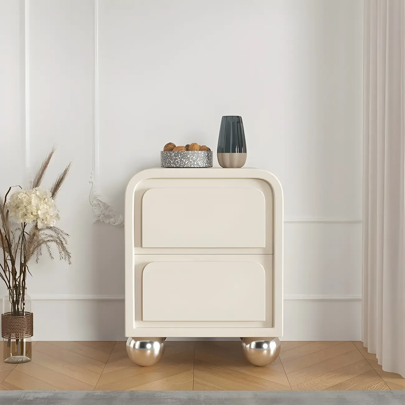 Narrow Off-White Faux Leather 2 Drawers Nightstand