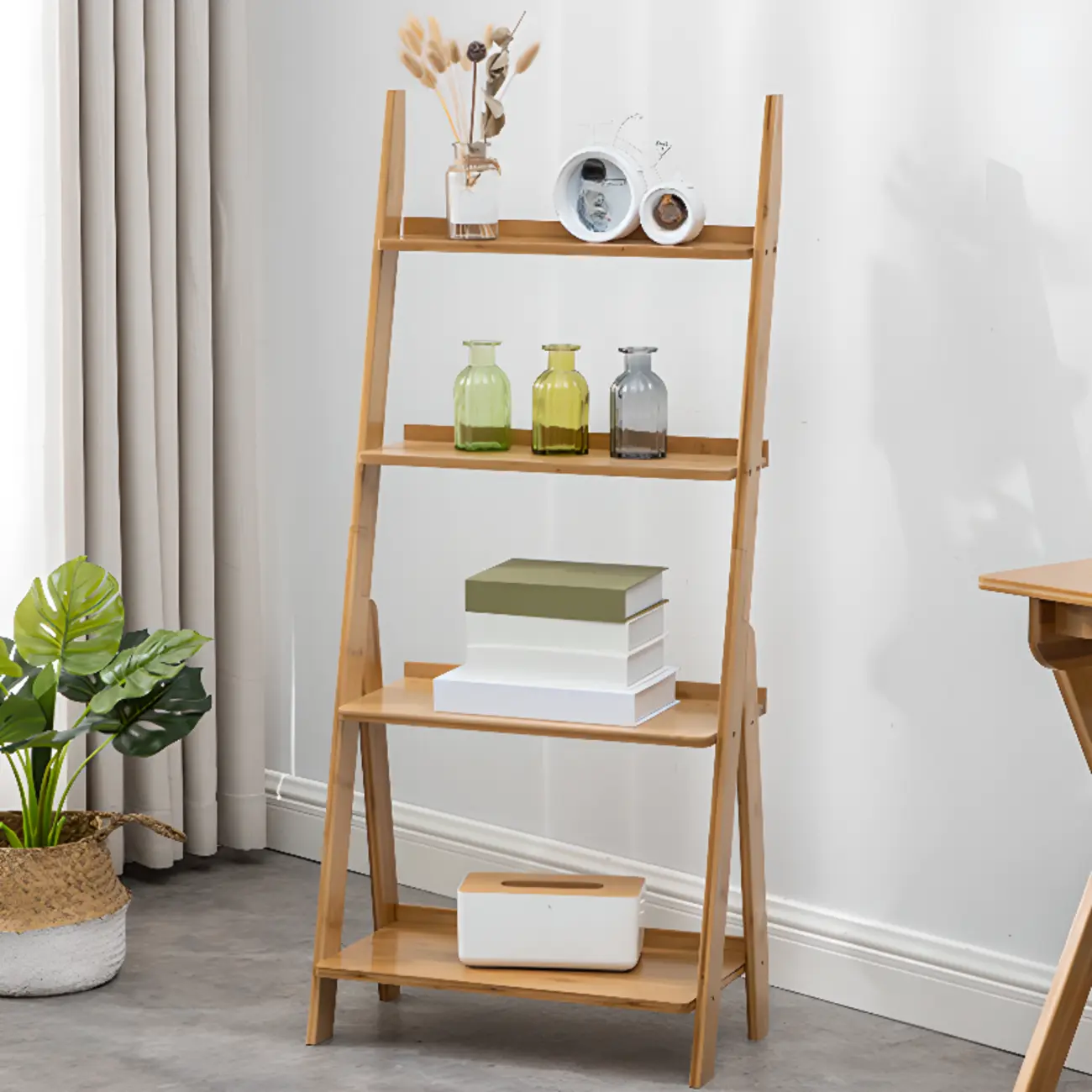 Bamboo Open 4 Shelves Adjustable Ladder Bookcase