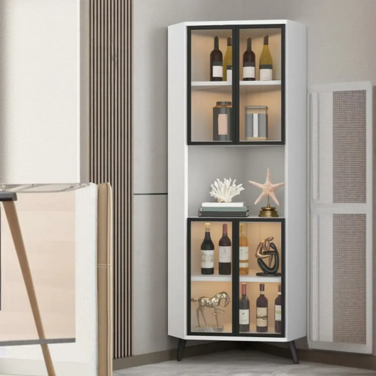 Modern Glam White-Gold Wood Glass Display Cabinet
