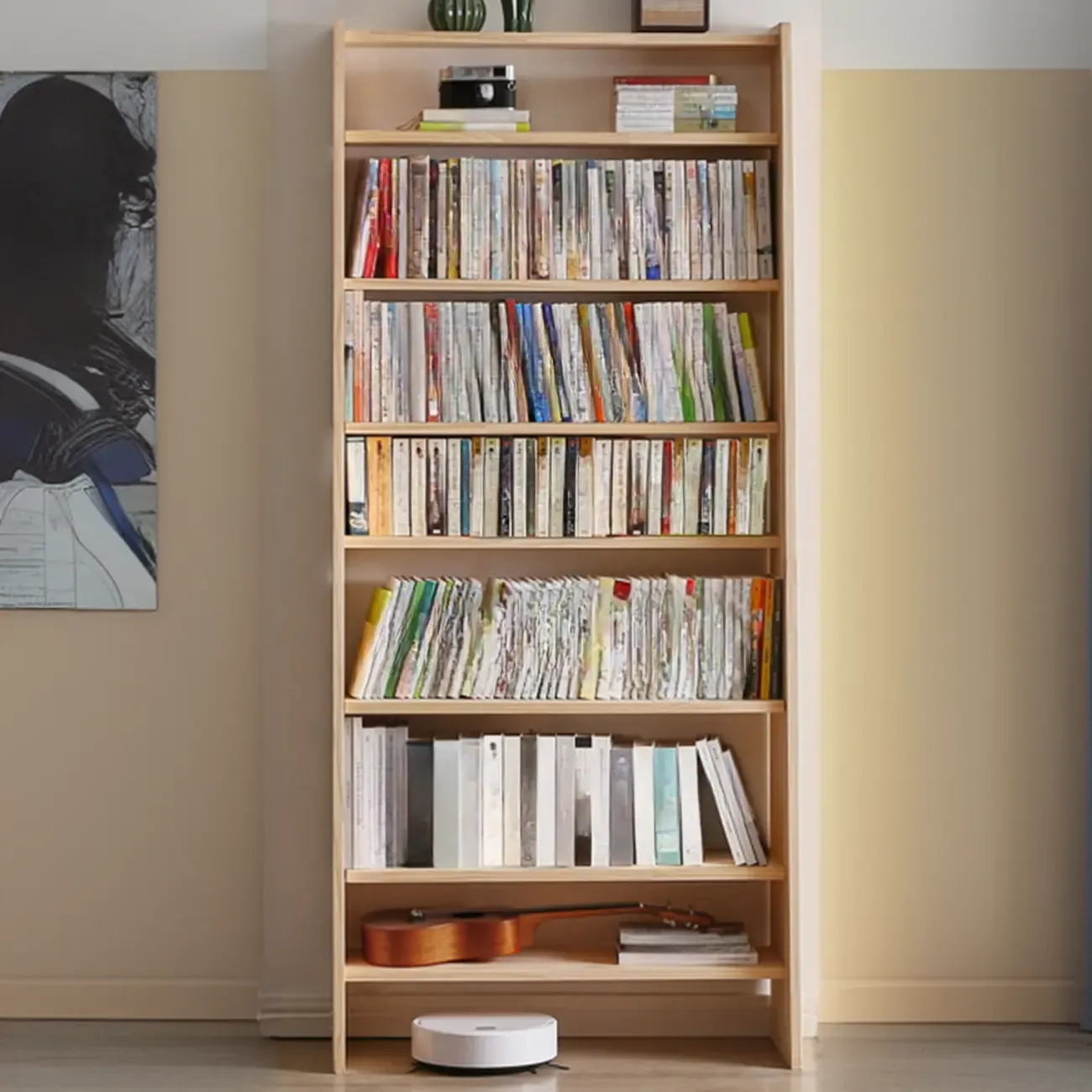 Scandinavian Natural Wood Multi-Shelf Open Bookcase