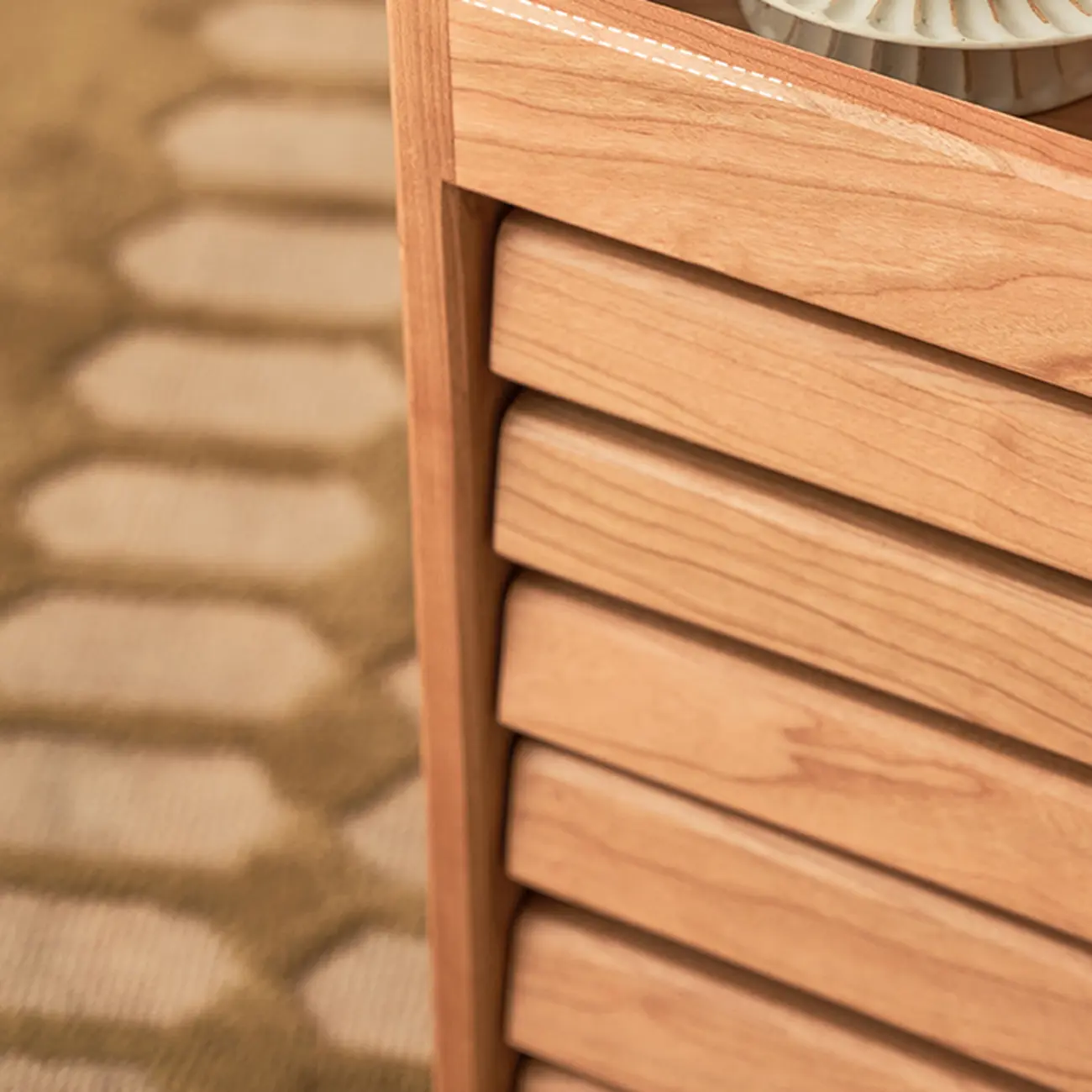 Modern Cherry Wood Rolling Side Table with Drawers