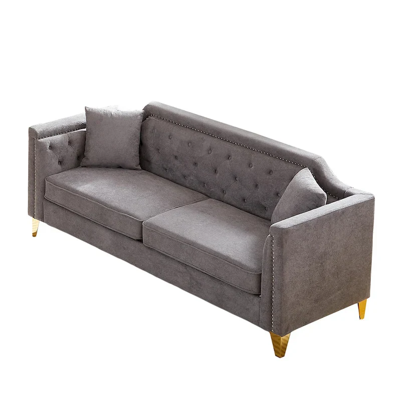 Grey 61.5 Chenille 3-Seater Tufted Sofa with Copper Nail Arms, 2 Pillows