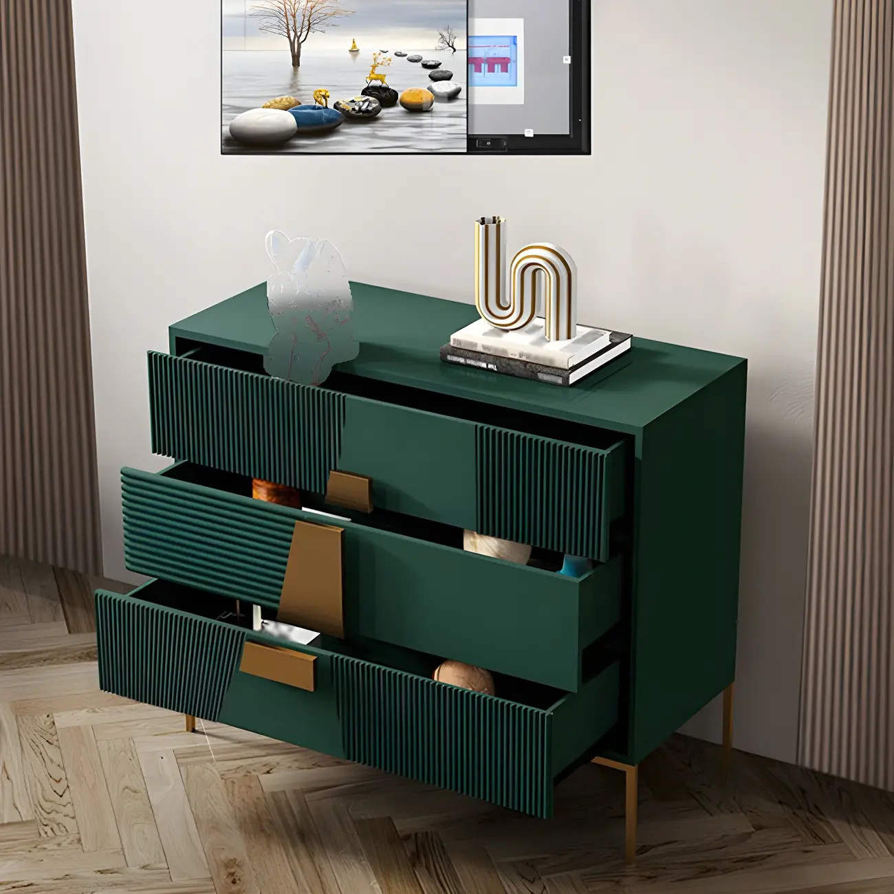 Elegant Wooden Sideboard with Drawers in Green/Grey
