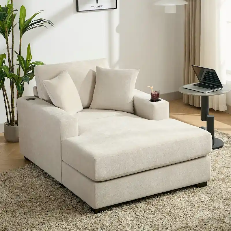43.5 Chenille Fabric Chaise Lounger Sofa Couch with Pillows, Charge Station & Cup Holders