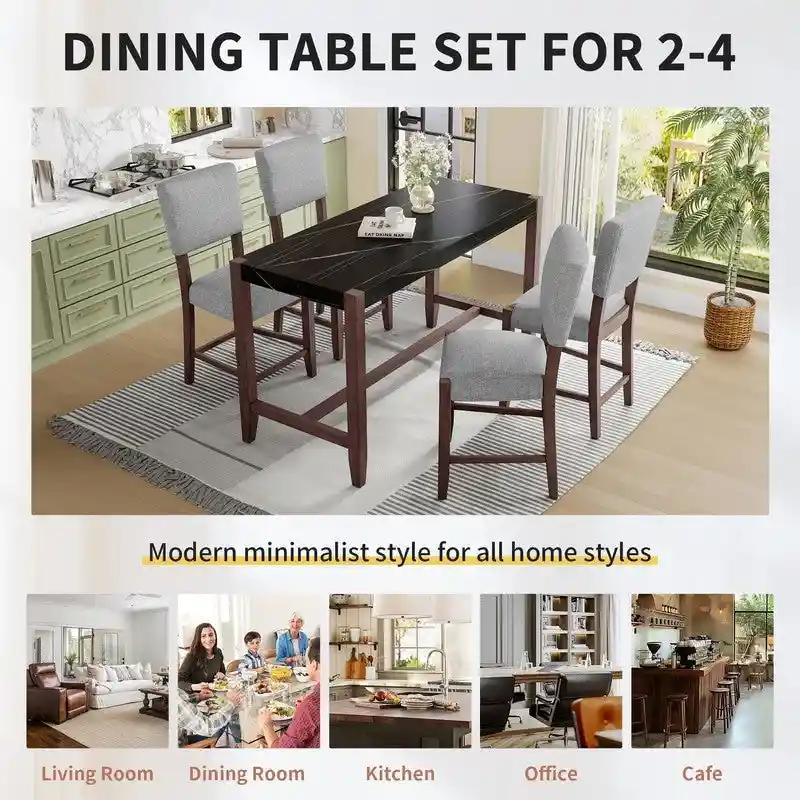 Modern 5-Piece Counter Height Dining Table Set, Faux Marble Bar Table and 4 Upholstered-Seat Chairs