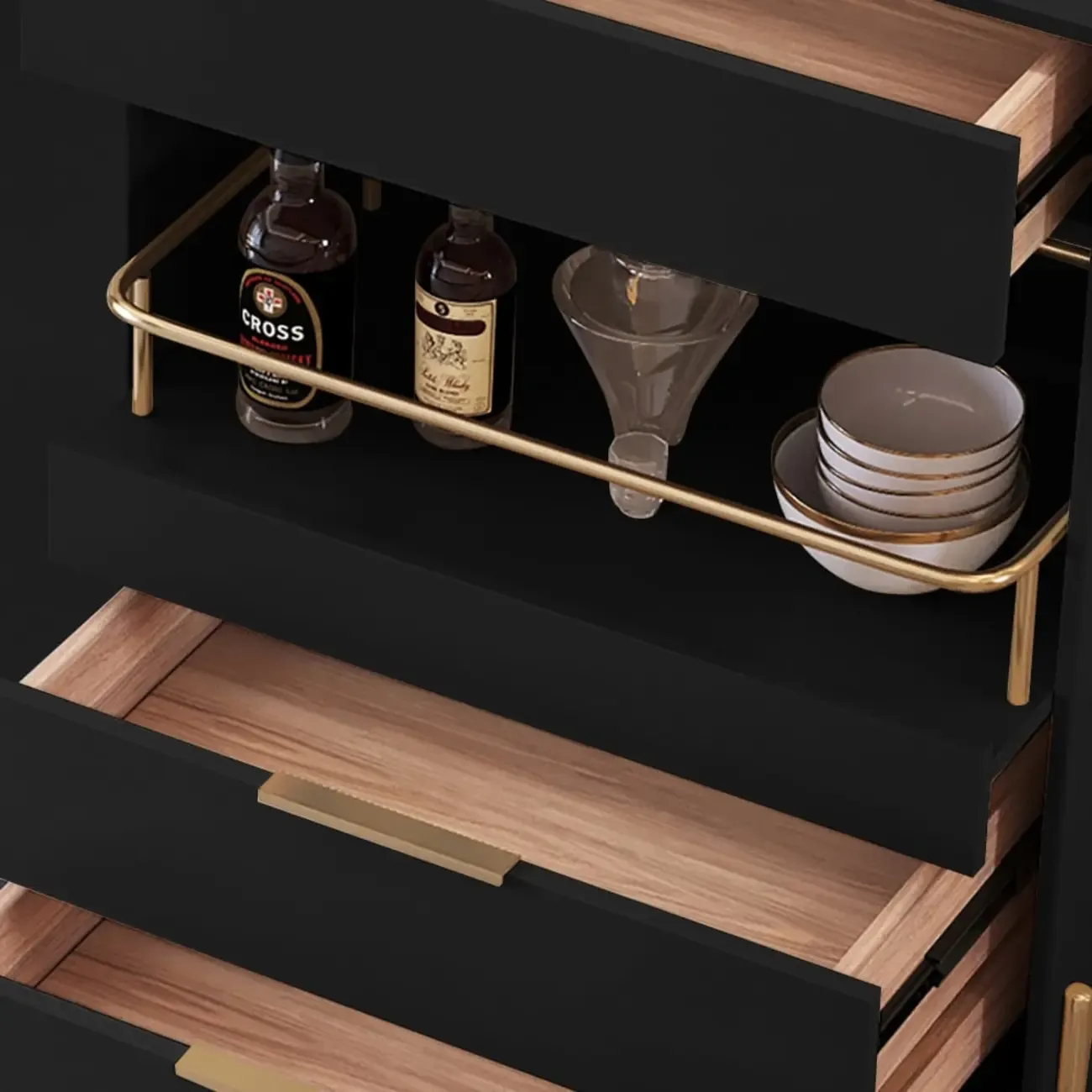 Modish Black Wooden Lighted Open Shelving Buffet Cabinet