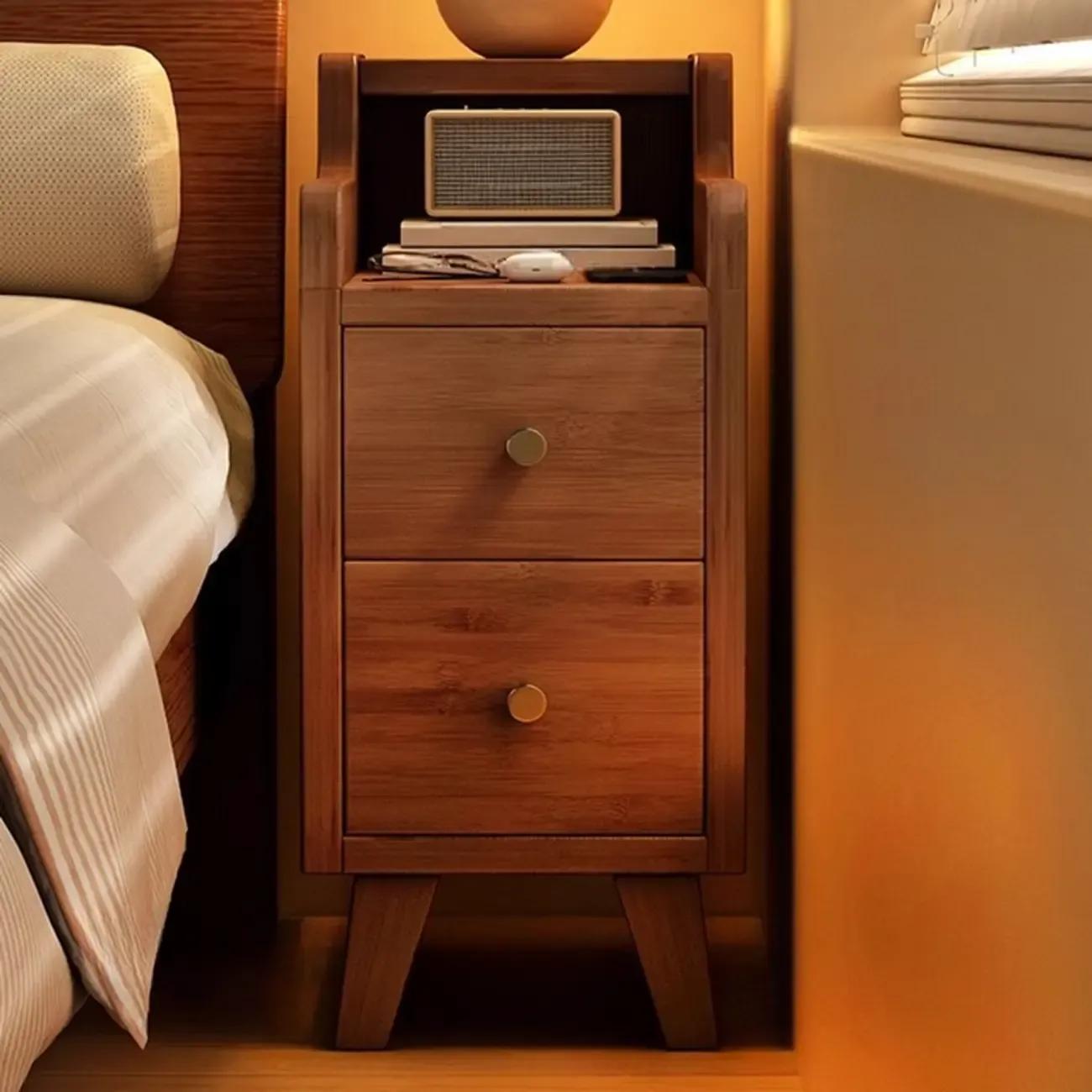 White Wood Narrow Nightstands with Drawers