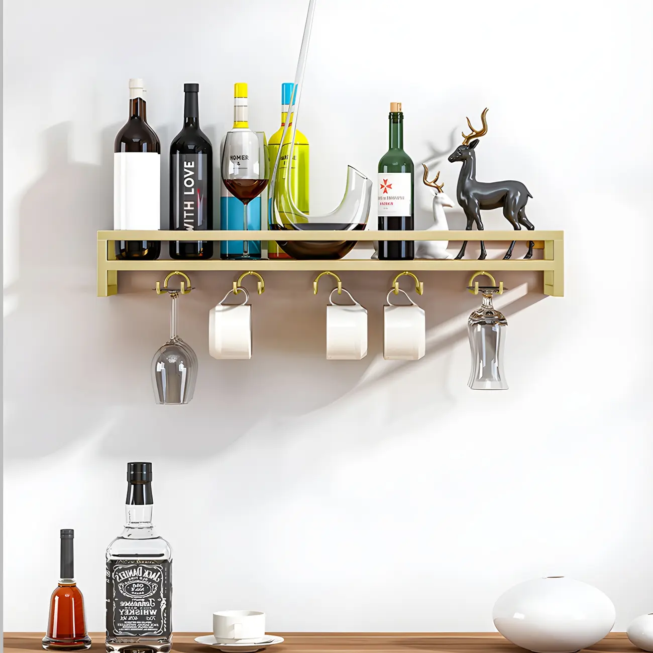 Floating Mount Metal Wine Glasses and Bottle Rack with Hook