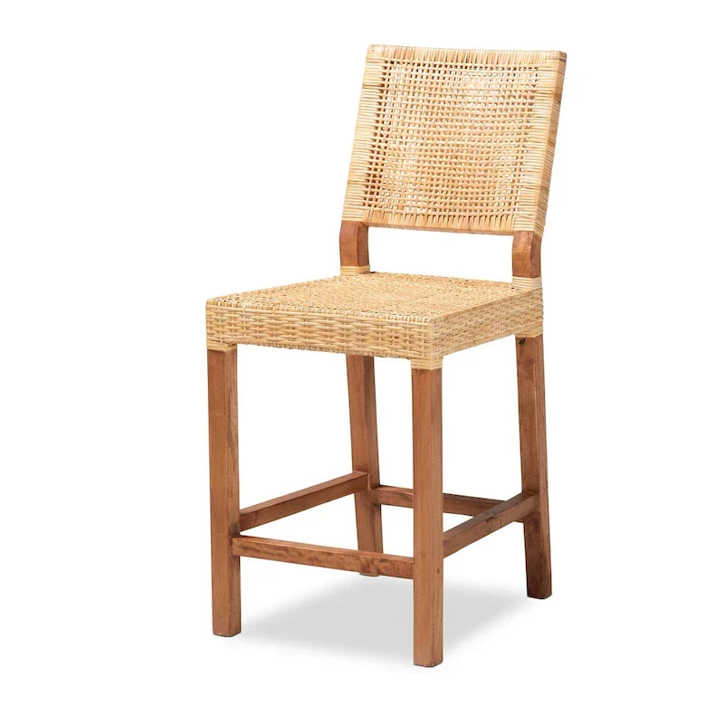 Lesia Modern Bohemian Natural Brown Rattan and Wood Counter Stool
