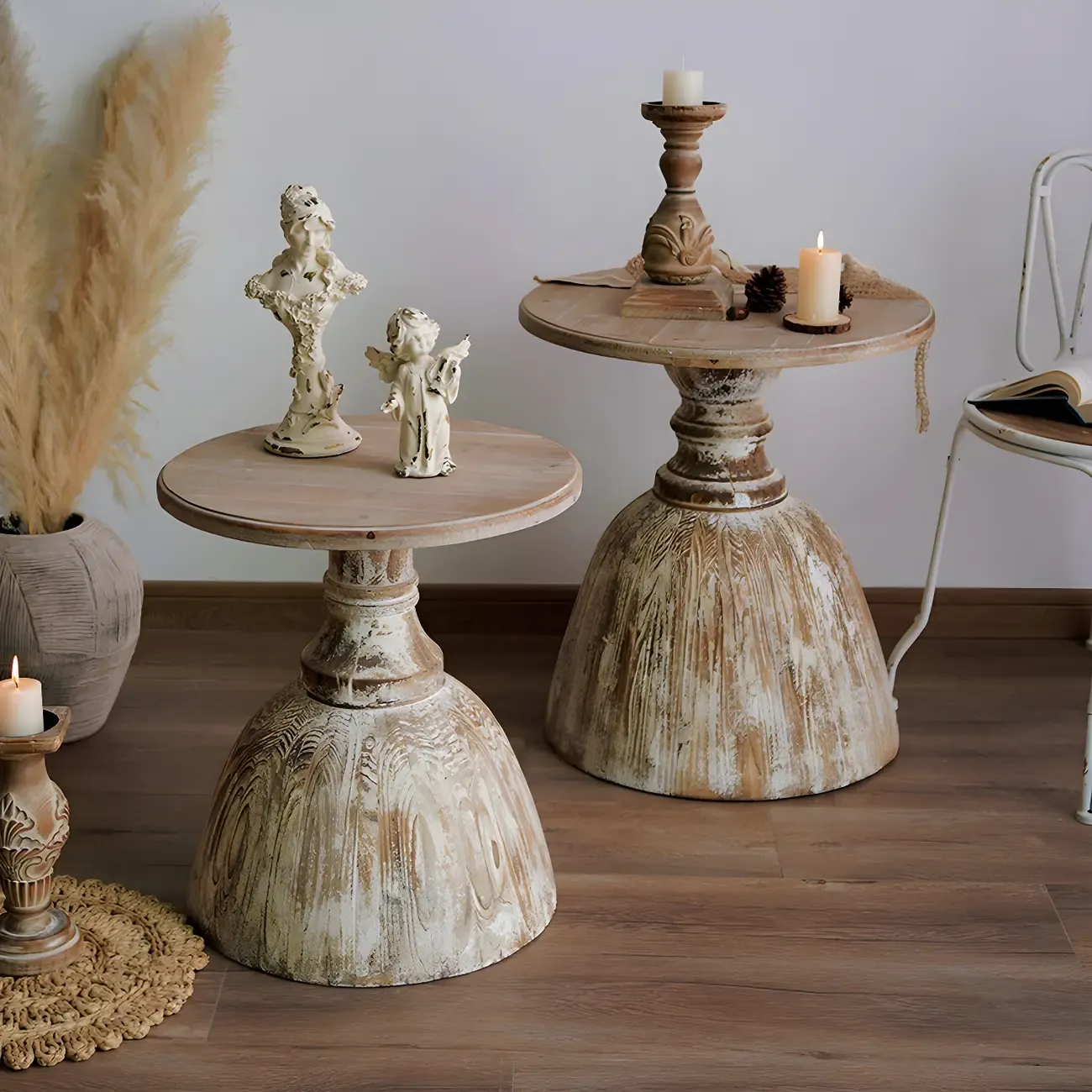 Rustic Natural Wood Pedestal Round Side Table for Living Room