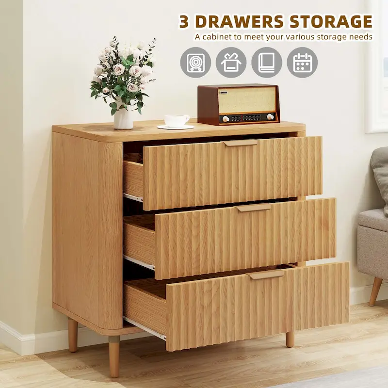 3 Drawer Dresser Storage Dresser Chest of Drawers with Waveform Panel Wood